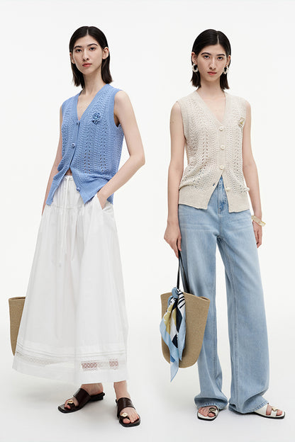 SELFWHO Meconopsis series linen knitted hollow vest