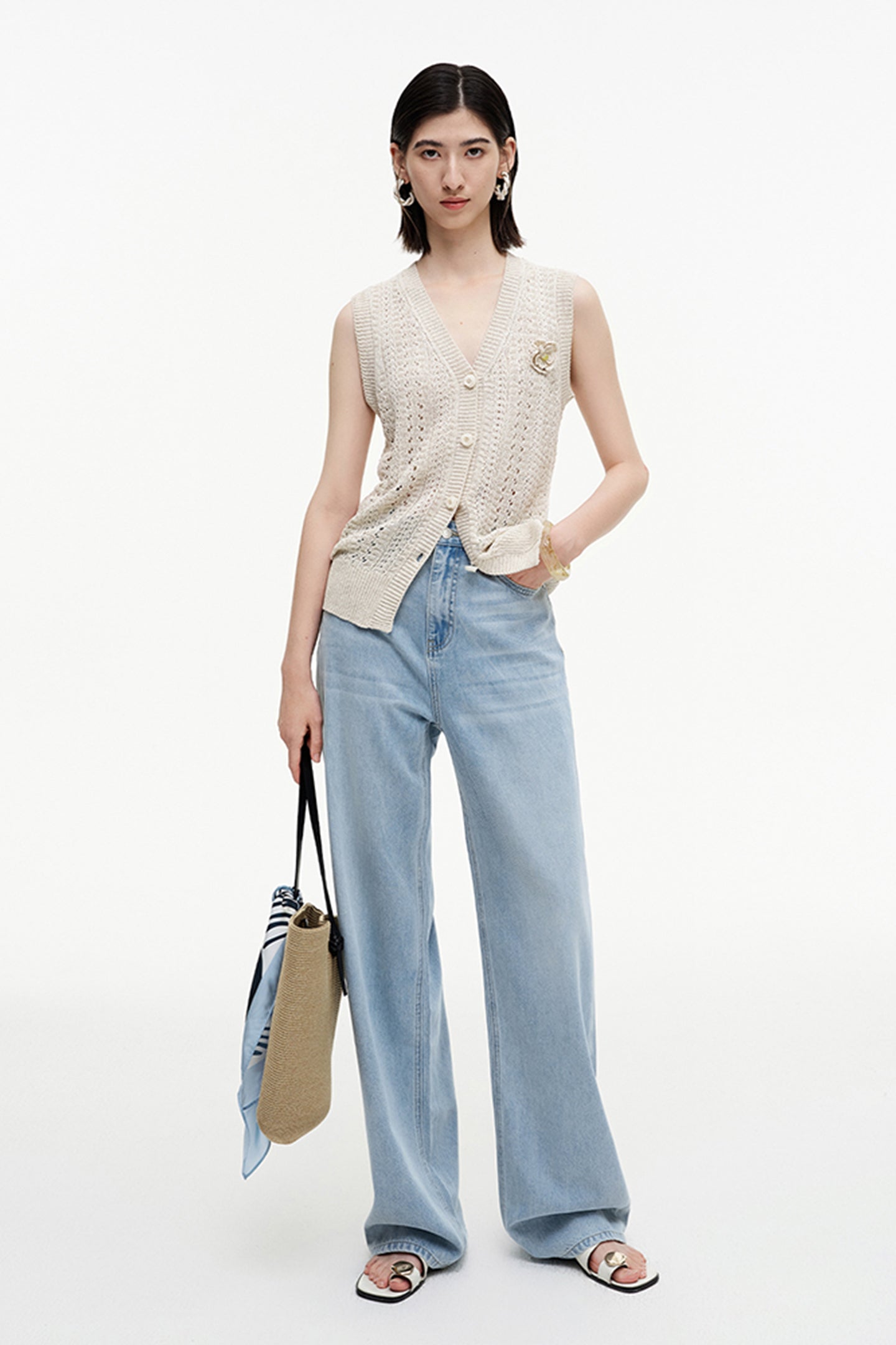 Selfwho Meconopsis series linen knitted hollow vest