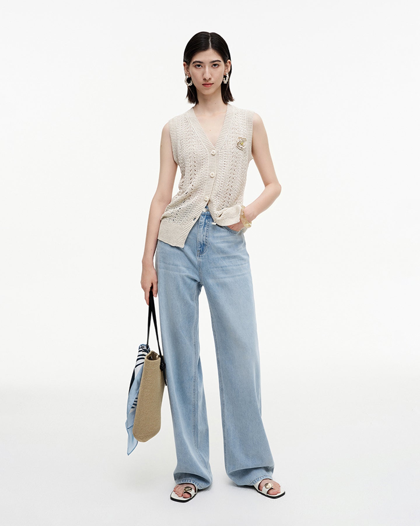 Selfwho Meconopsis series linen knitted hollow vest