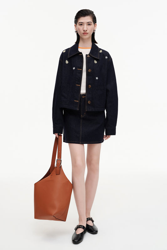 SELFWHO Cotton Blend Benim Jacket With Pear Blossom Embroidery (jacket and skirt can be purchased separately)