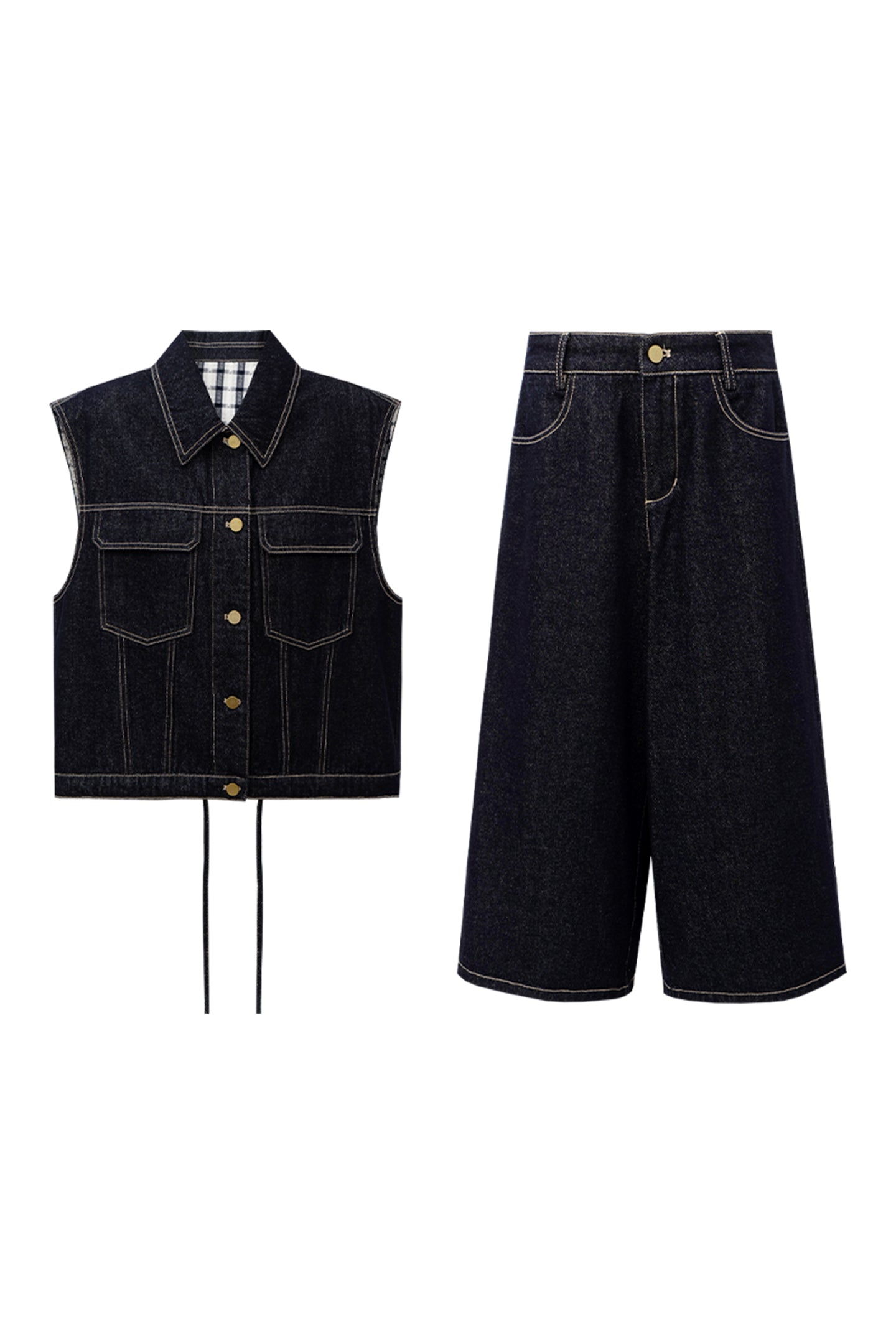 SELFWHO Cotton Blend Vintage Original Cow Style Denim Vest, Cropped Pants Set
