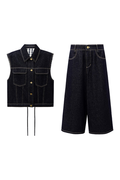 SELFWHO Cotton Blend Vintage Original Cow Style Denim Vest, Cropped Pants Set