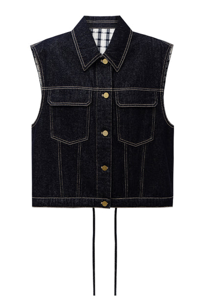 SELFWHO Cotton Blend Vintage Original Cow Style Denim Vest, Cropped Pants Set