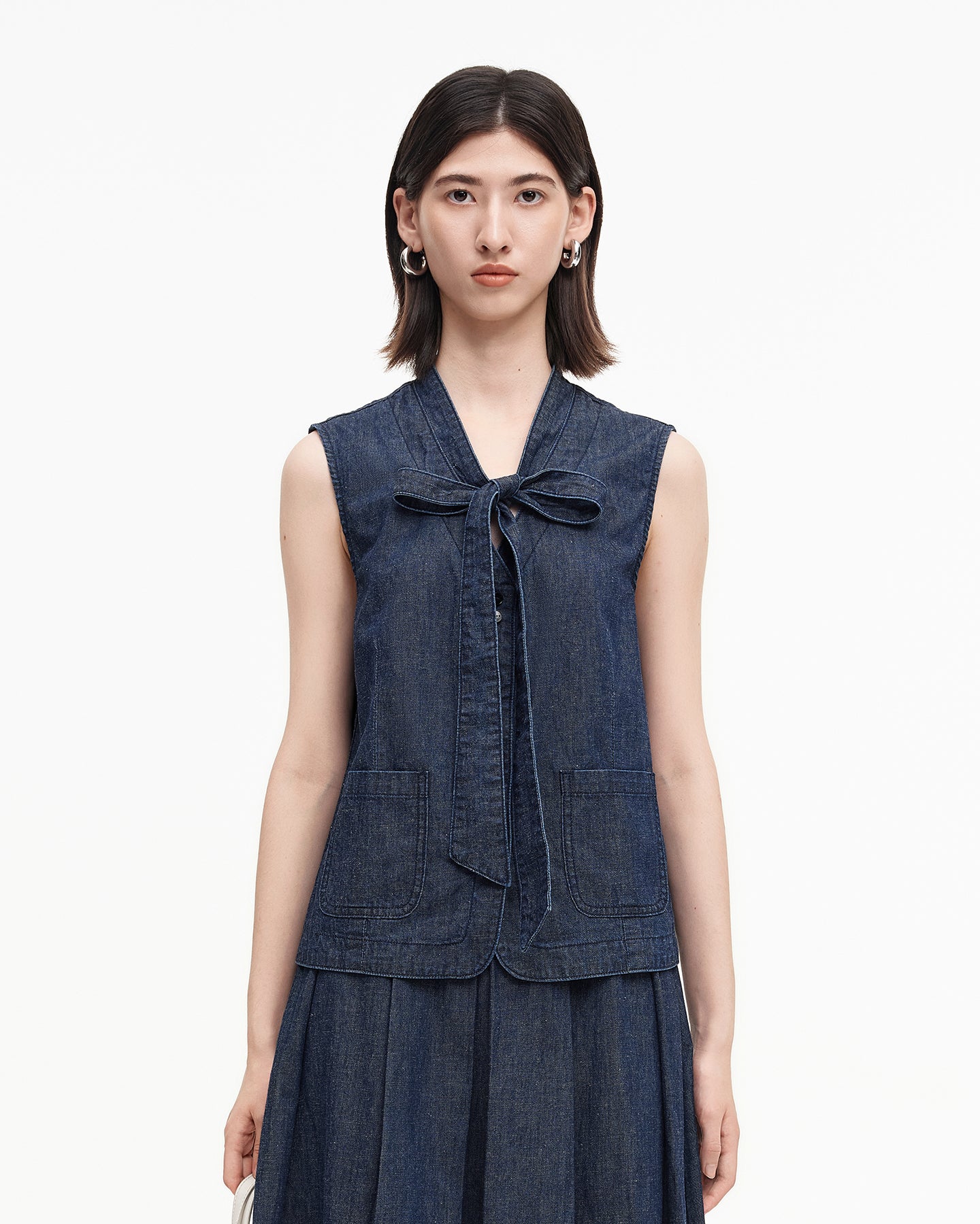 Cotton and linen blend raw cowboy style vest and denim skirt
