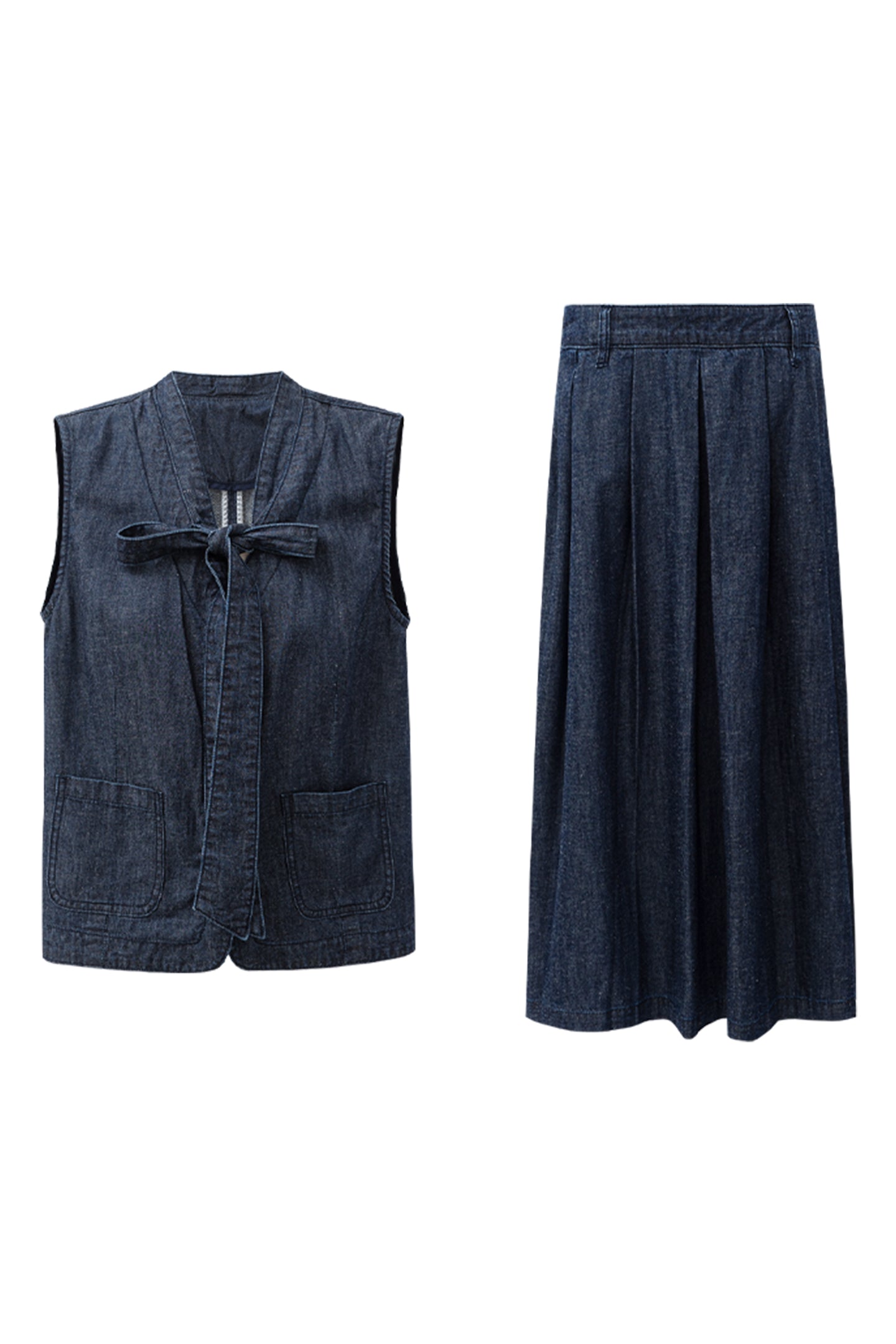 SELFWHO cotton and linen blend raw cowboy style vest and denim skirt