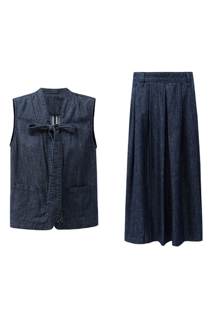 SELFWHO cotton and linen blend raw cowboy style vest and denim skirt