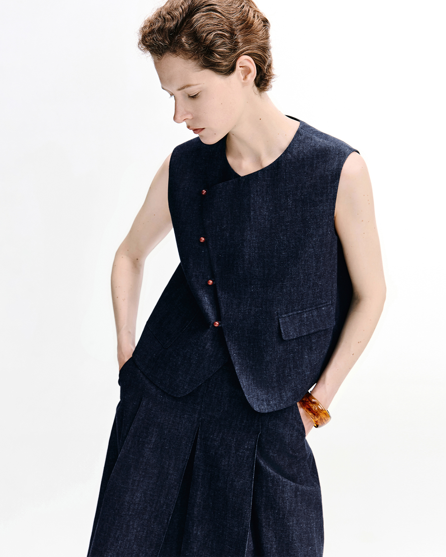 Vintage Wash Slub Denim Vest & Midi Skirt