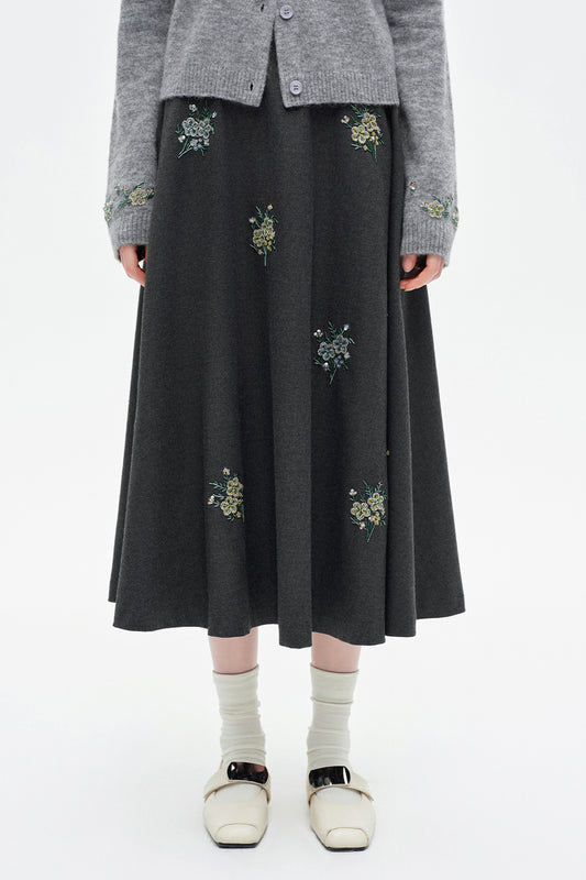 SELFWHO Wool-Blend Embroidered Skirt