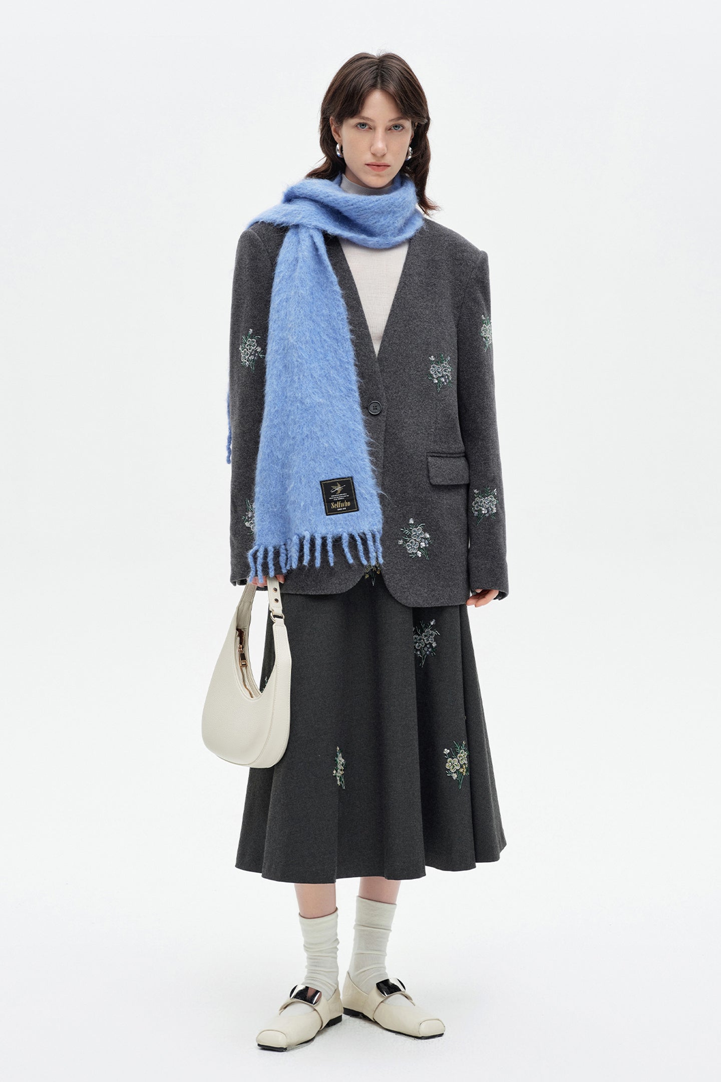 SELFWHO Wool-Blend Embroidered Skirt