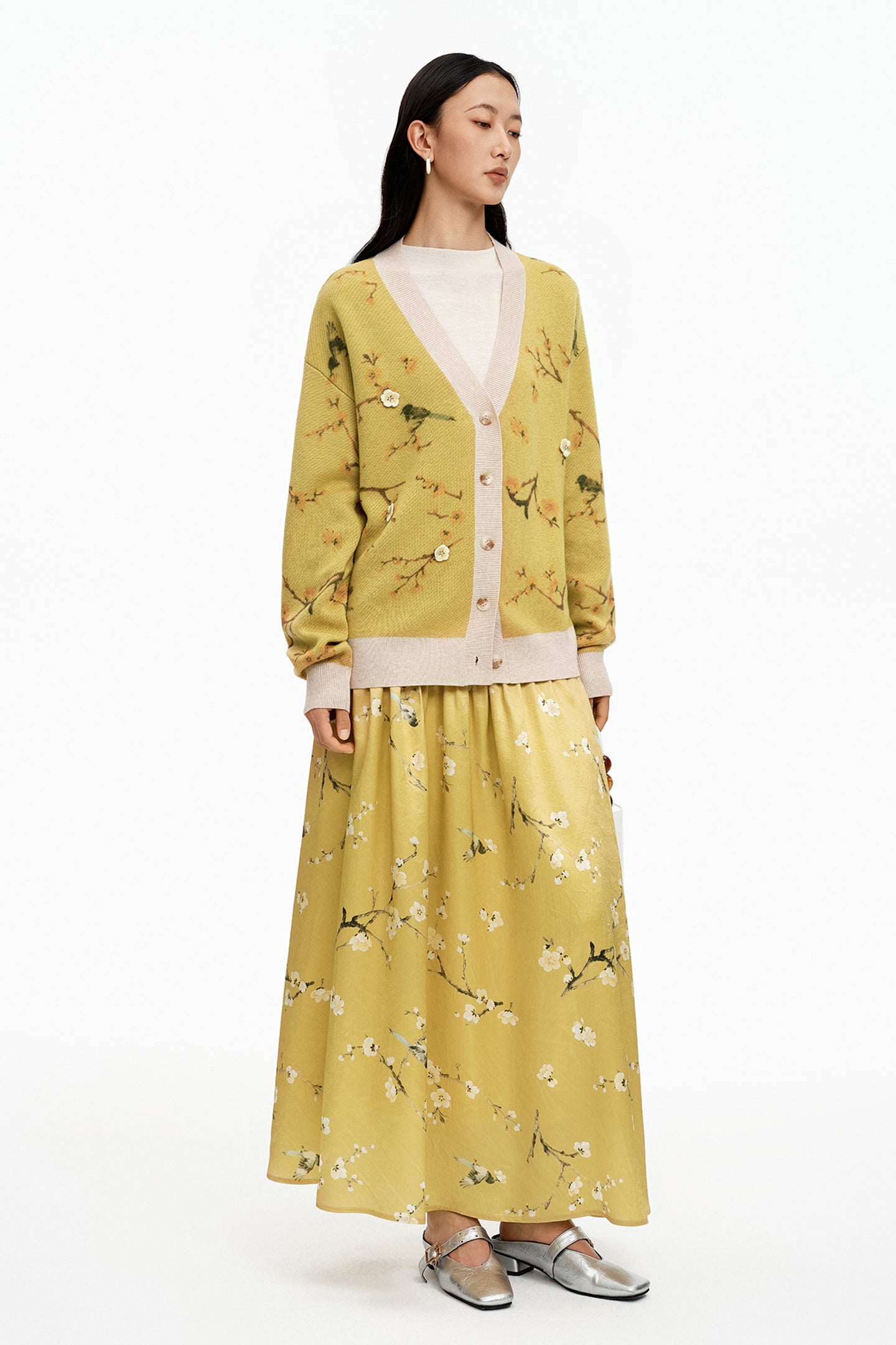 SELFWHO Chinese Style Plum Blossom Print A-line Skirt