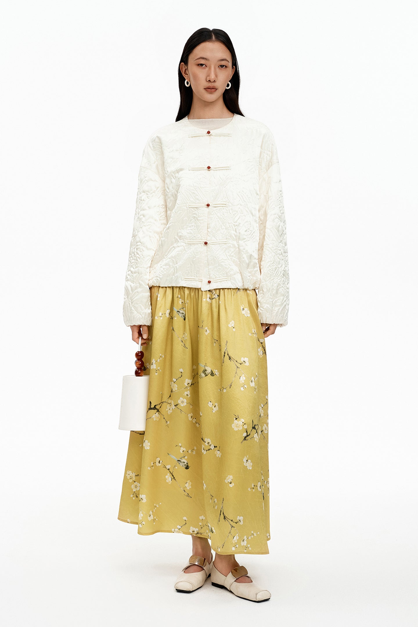 SELFWHO Chinese Style Plum Blossom Print A-line Skirt