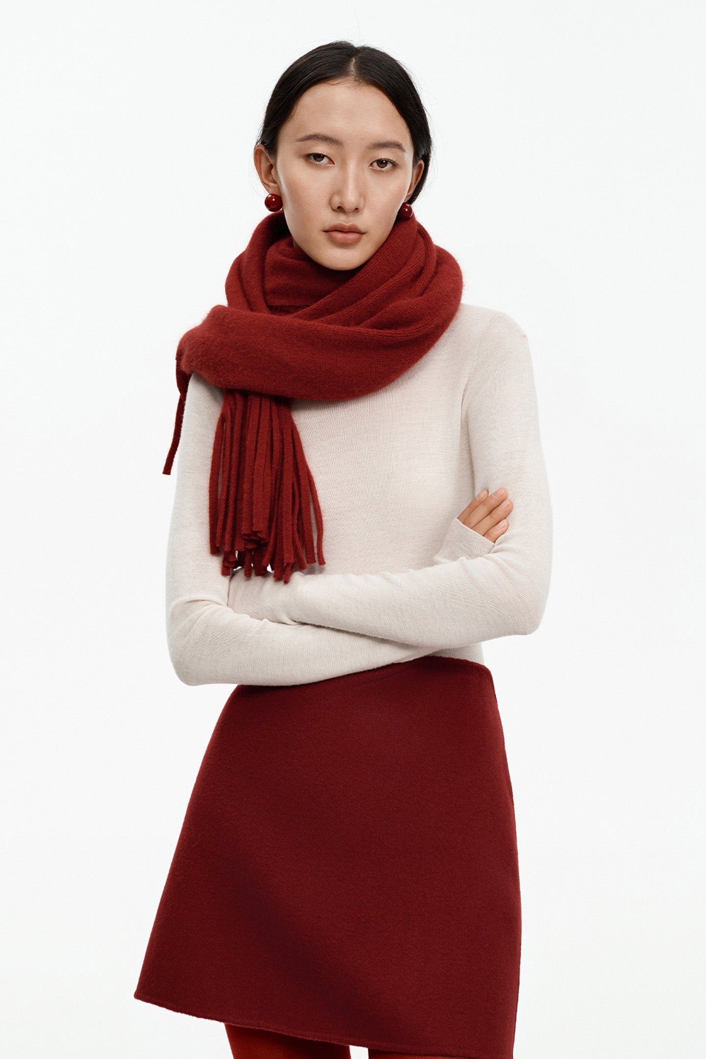 SELFWHO Merino Wool Blend Oriental Red Tassel Scarf