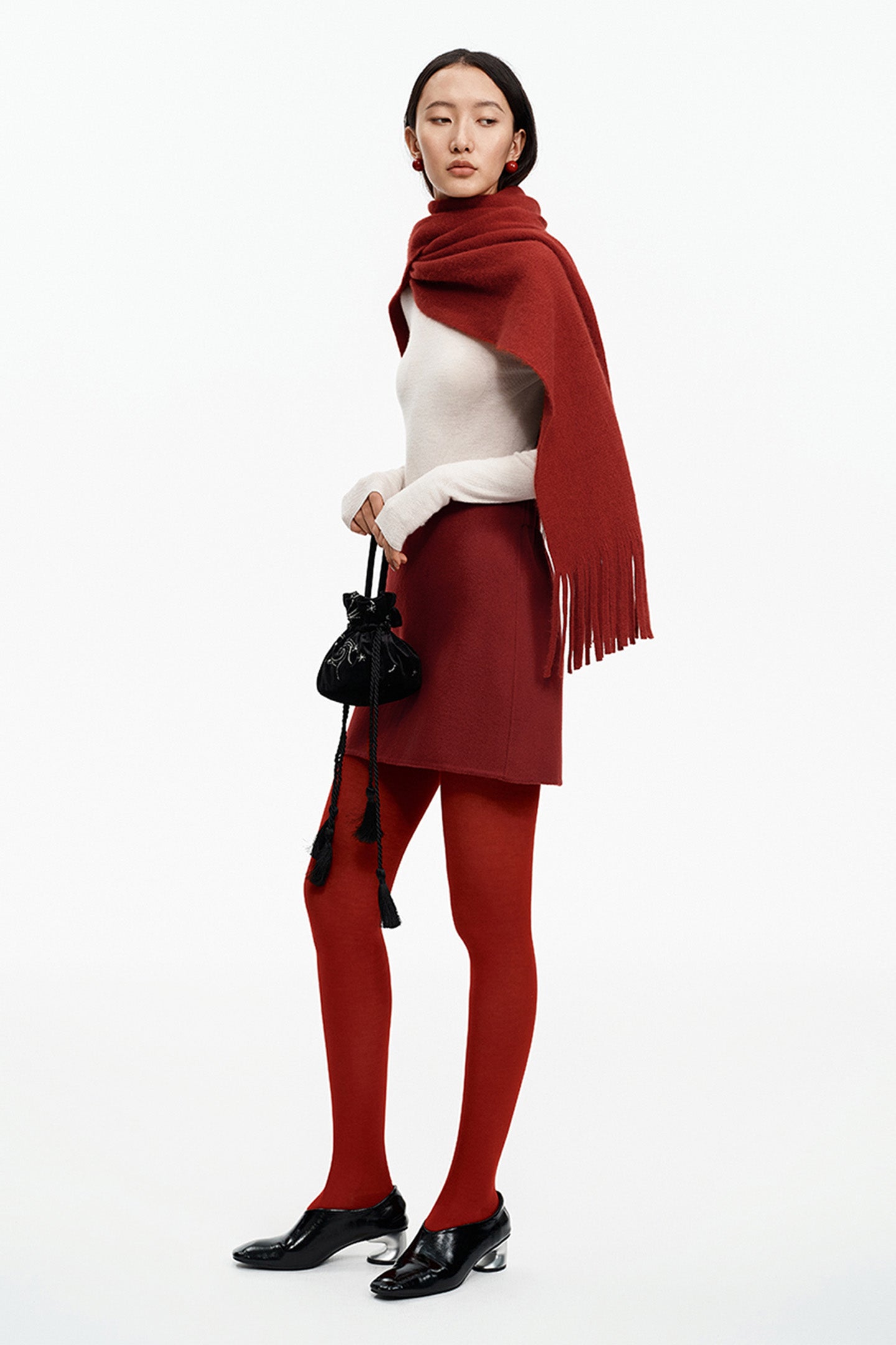 SELFWHO Merino Wool Blend Oriental Red Tassel Scarf