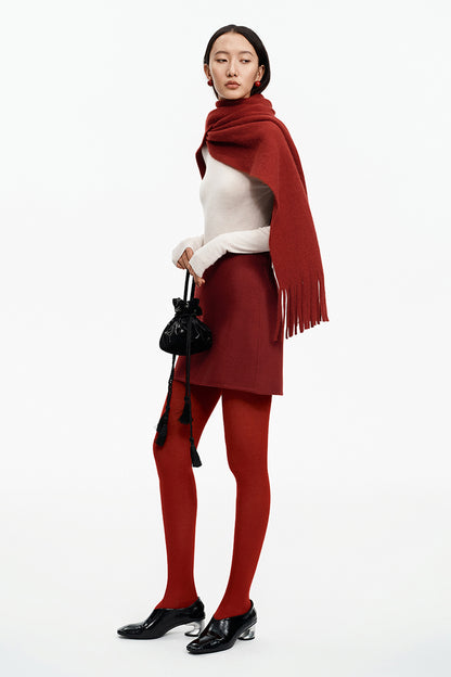 SELFWHO Merino Wool Blend Oriental Red Tassel Scarf
