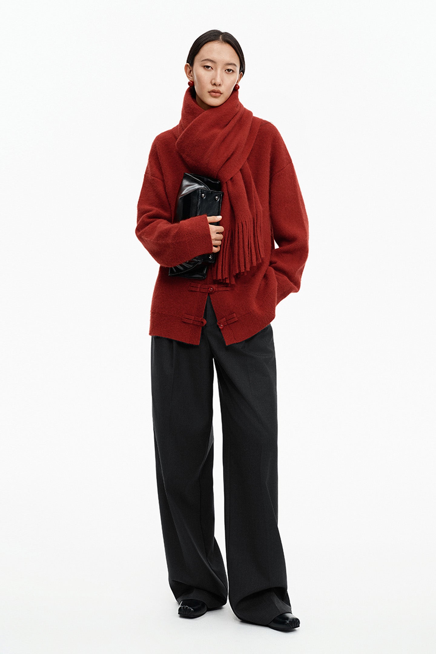 SELFWHO Merino Wool Blend Oriental Red Tassel Scarf