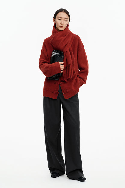 SELFWHO Merino Wool Blend Oriental Red Tassel Scarf