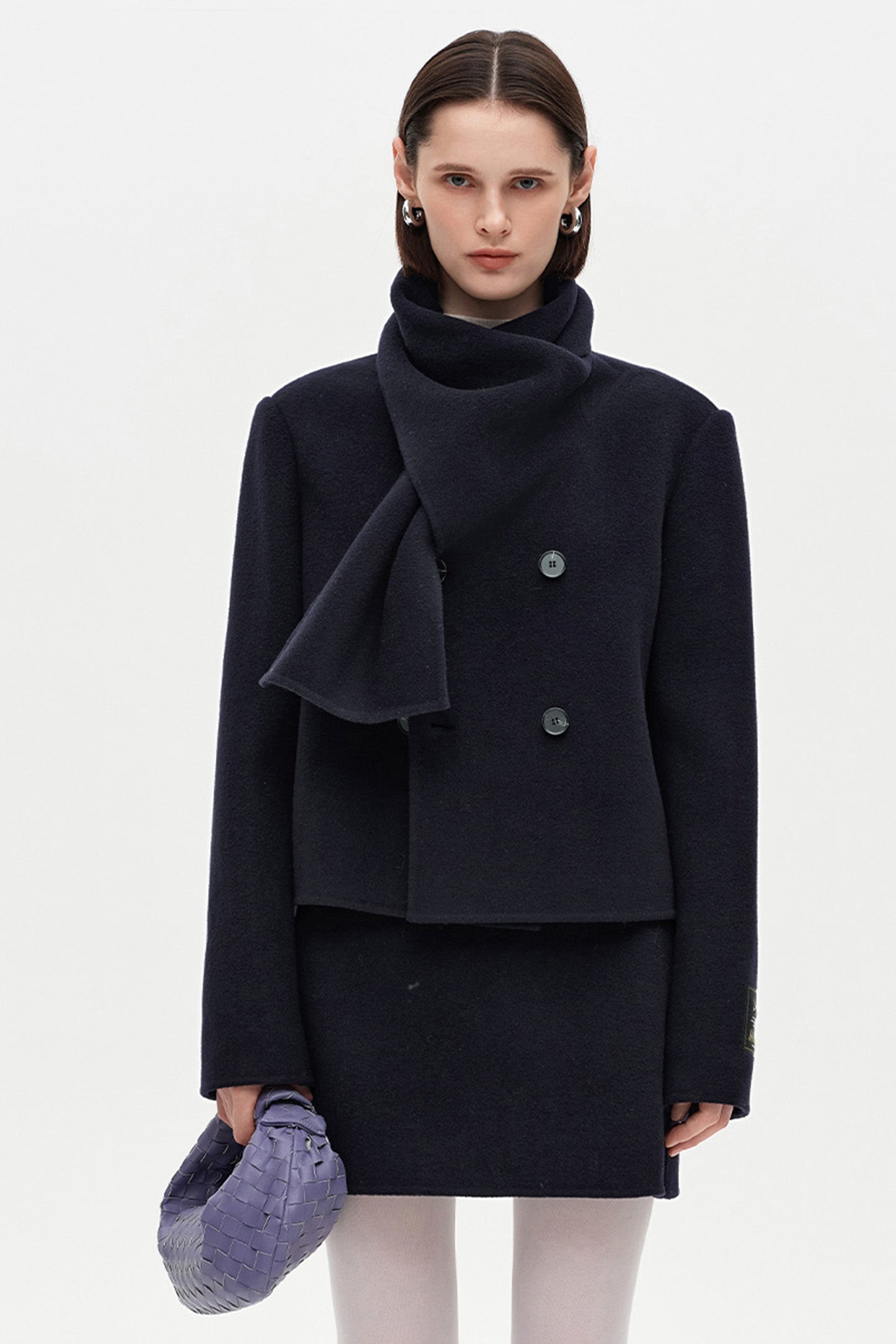 SELFWHO 100% Wool Blend Scarf Collar Short Coat