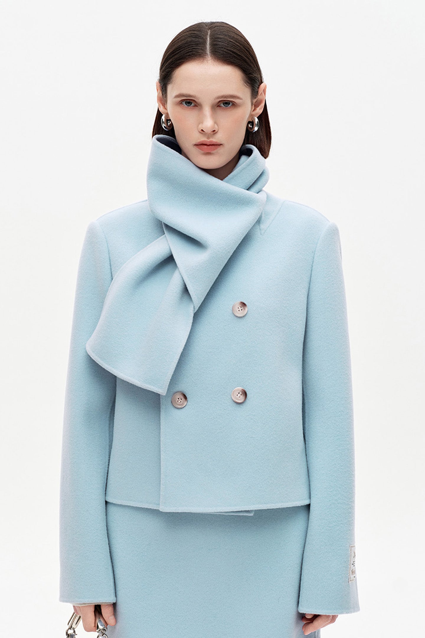 SELFWHO 100% Wool Blend Scarf Collar Short Coat