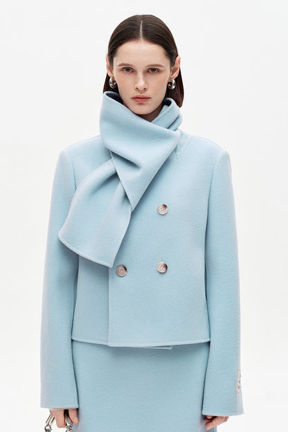 SELFWHO 100% Wool Blend Scarf Collar Short Coat