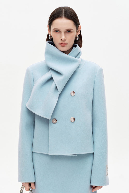 SELFWHO 100% Wool Blend Scarf Collar Short Coat