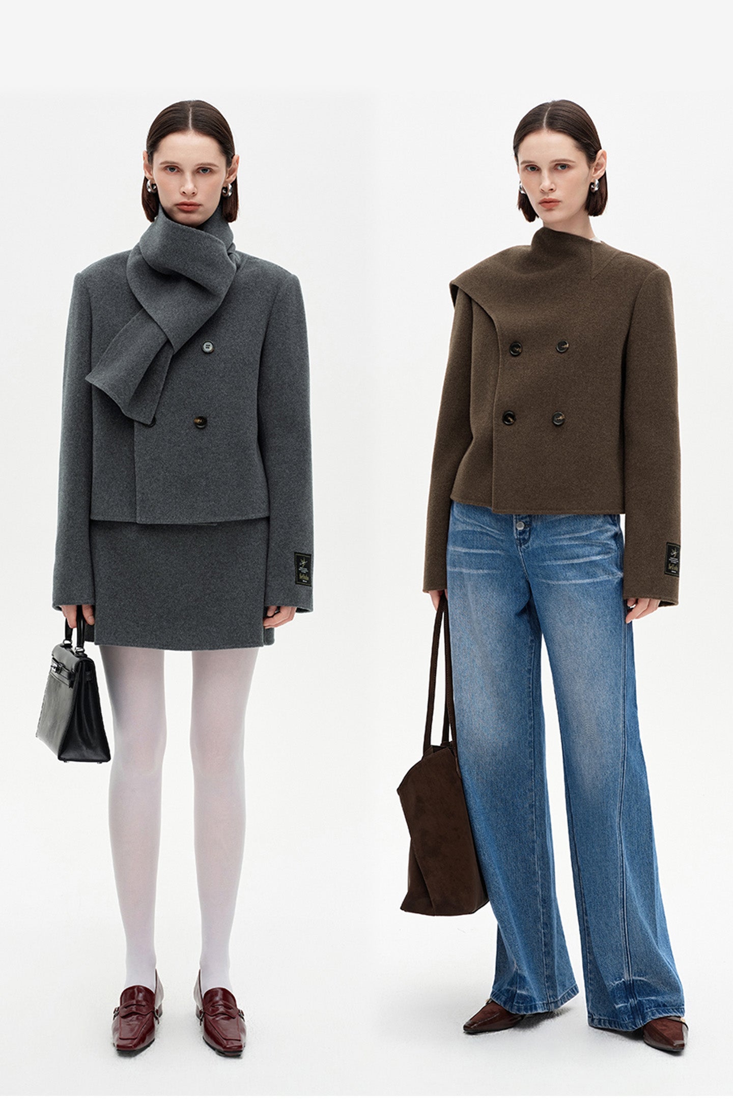 SELFWHO 100% Wool Blend Scarf Collar Short Coat