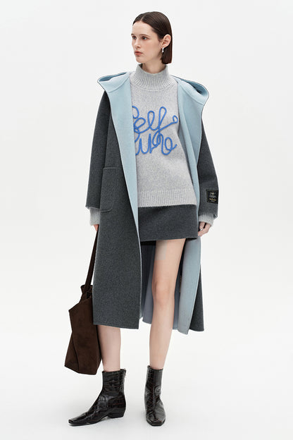 SELFWHO 100% Wool Blend Contrast Color Woolen Coat