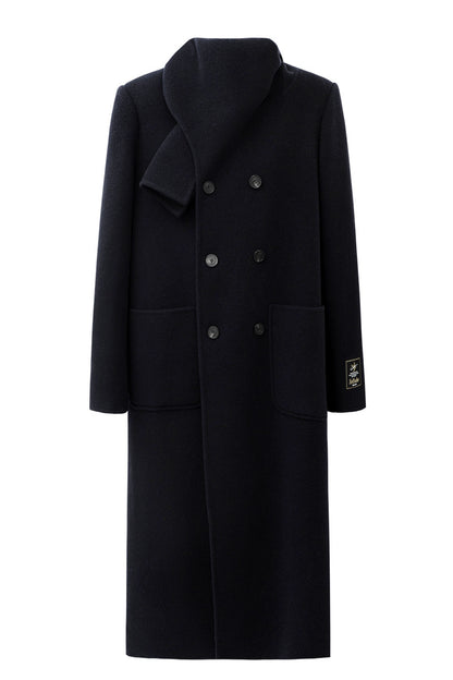 SELFWHO 100% Wool Long Scarf Collar Coat