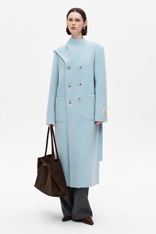 SELFWHO 100% Wool Long Scarf Collar Coat