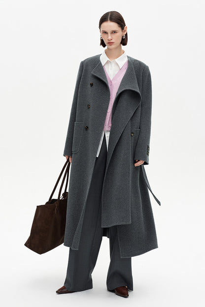 SELFWHO 100% Wool Long Scarf Collar Coat