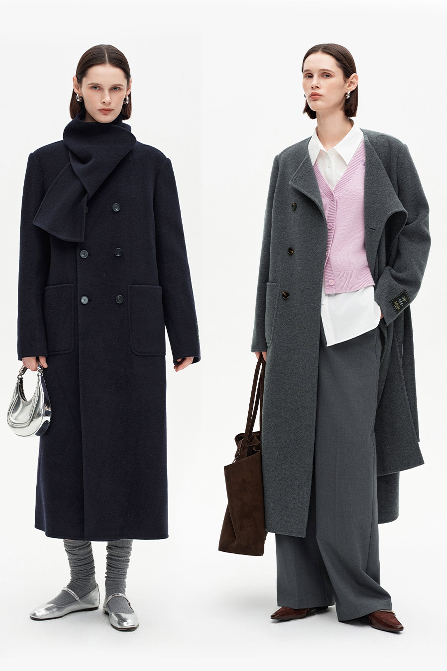 SELFWHO 100% Wool Long Scarf Collar Coat