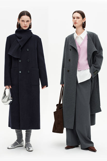 SELFWHO 100% Wool Long Scarf Collar Coat