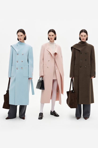 SELFWHO 100% Wool Long Scarf Collar Coat
