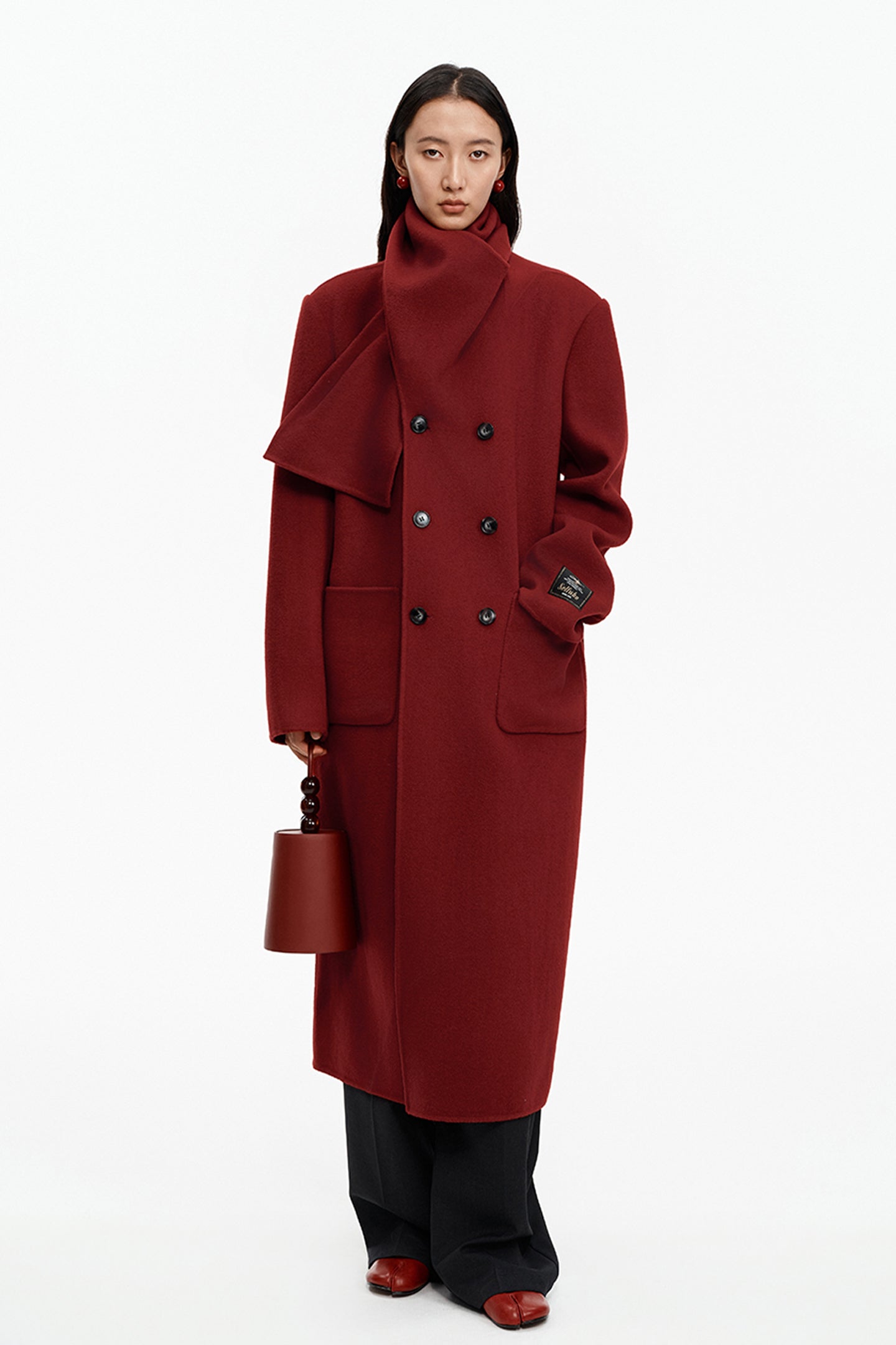 SELFWHO Wool Christmas Red Scarf Collar Coat