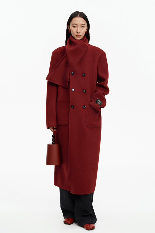 SELFWHO Wool Christmas Red Scarf Collar Coat