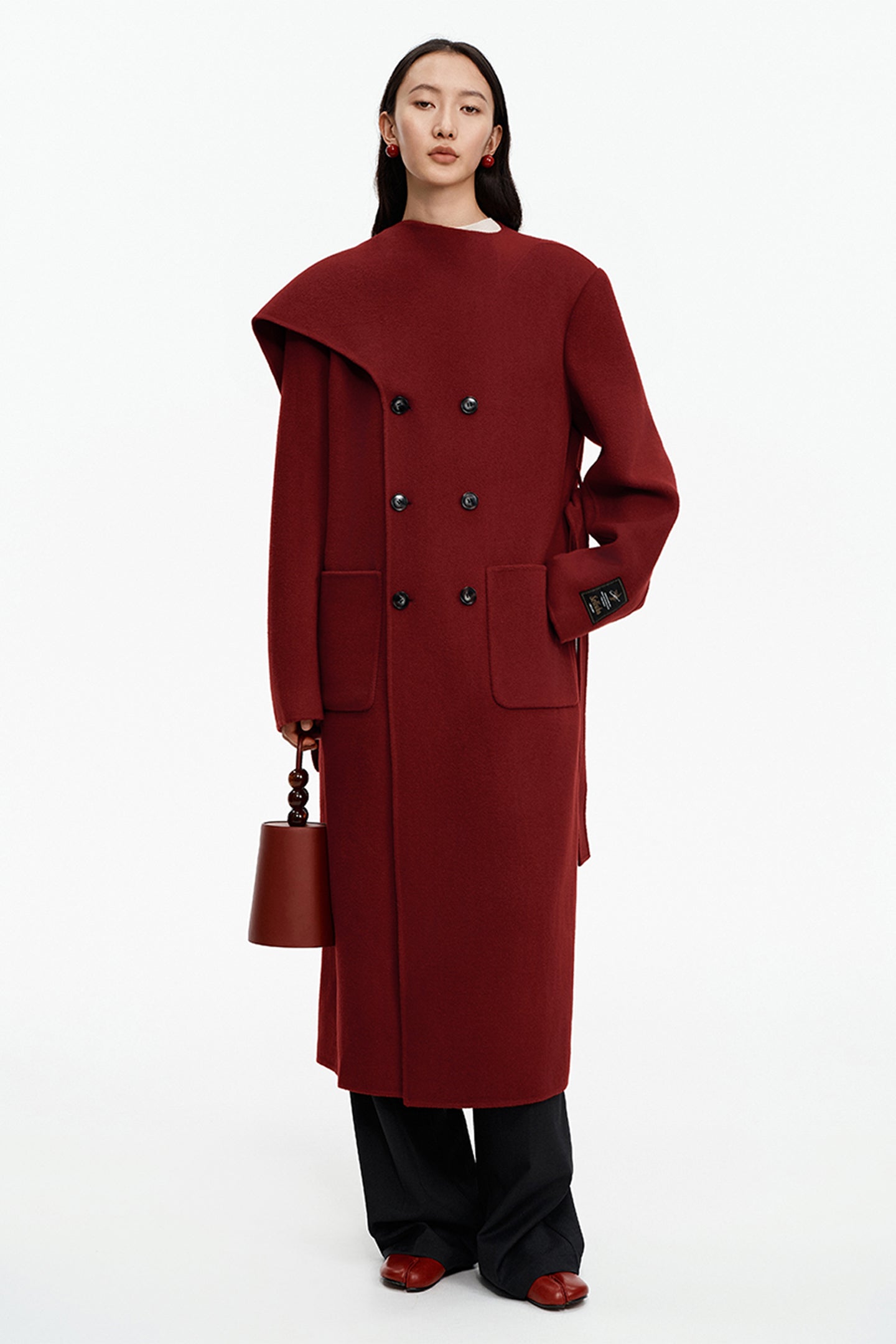 SELFWHO Wool Christmas Red Scarf Collar Coat
