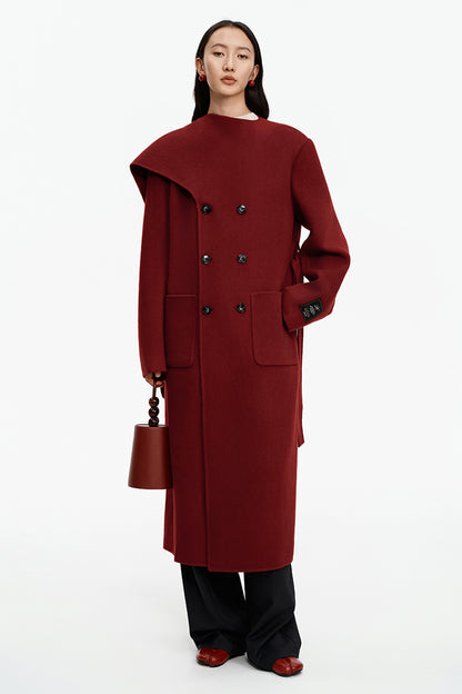 SELFWHO Wool Christmas Red Scarf Collar Coat
