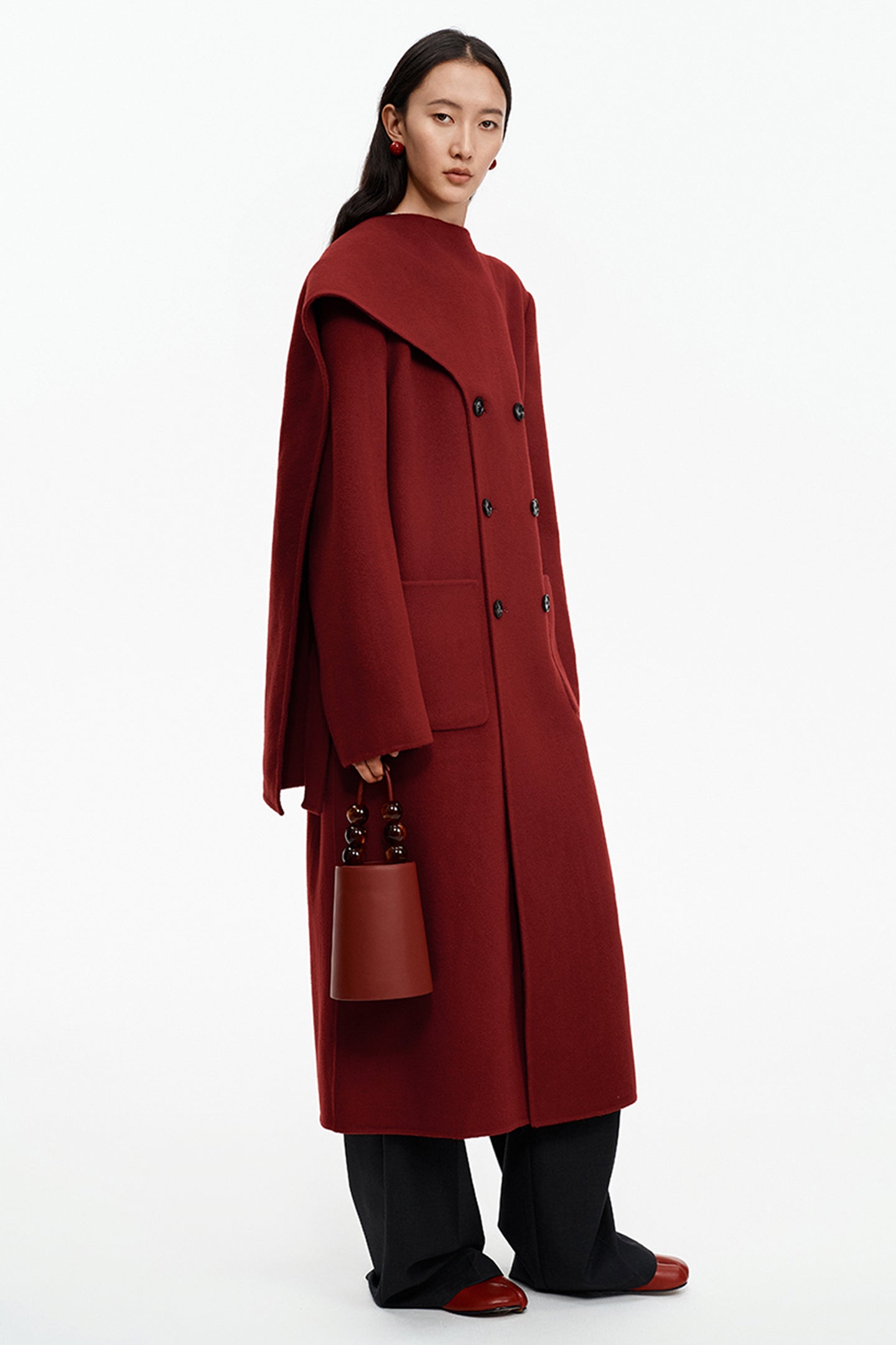 SELFWHO Wool Christmas Red Scarf Collar Coat