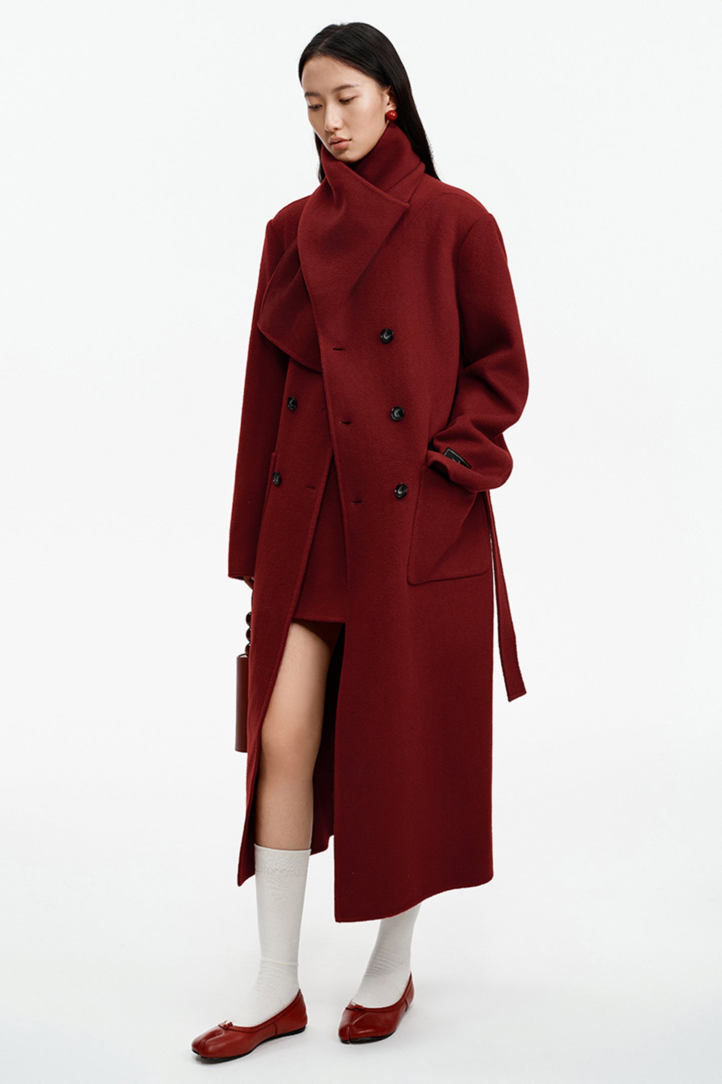 SELFWHO Wool Christmas Red Scarf Collar Coat