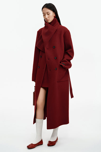 SELFWHO Wool Christmas Red Scarf Collar Coat