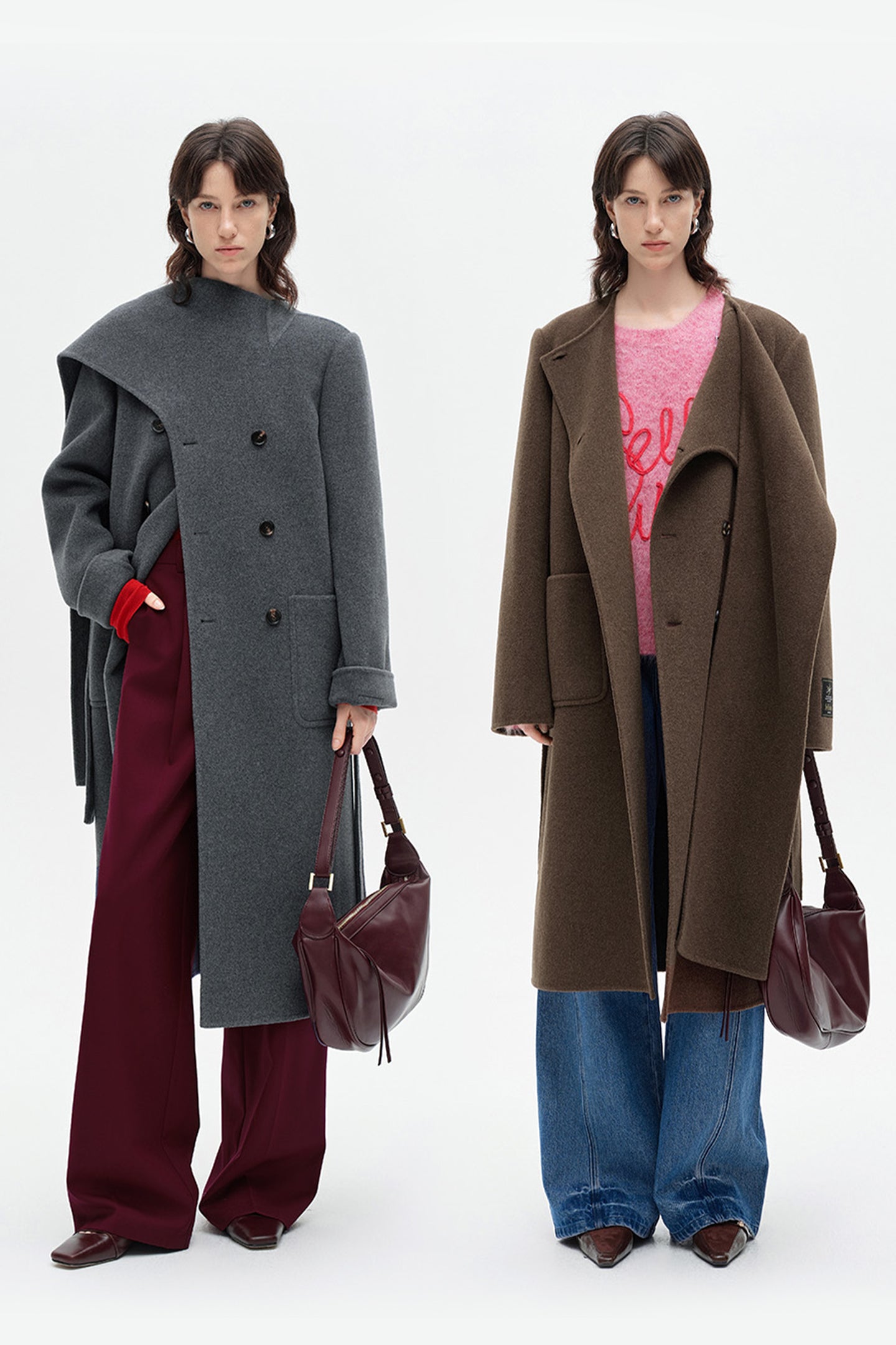 SELFWHO 100% Wool Long Scarf Collar Coat