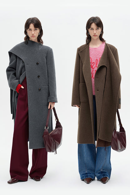 SELFWHO 100% Wool Long Scarf Collar Coat