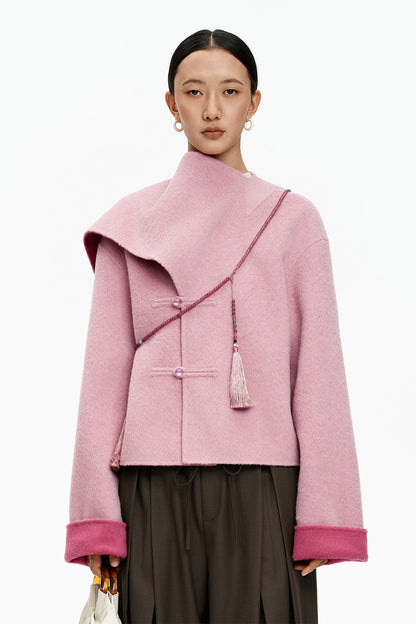 SELFWHO New Chinese Style Pink Scarf Collar Double-Faced Wool Coat