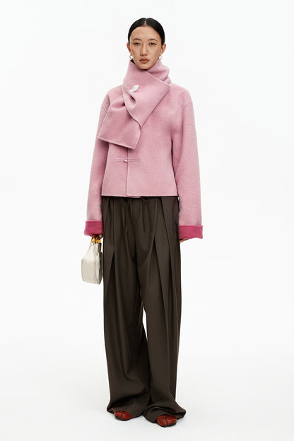 SELFWHO New Chinese Style Pink Scarf Collar Double-Faced Wool Coat