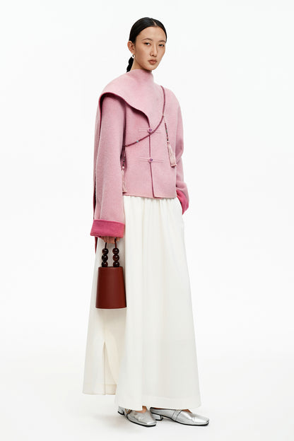 SELFWHO New Chinese Style Pink Scarf Collar Double-Faced Wool Coat