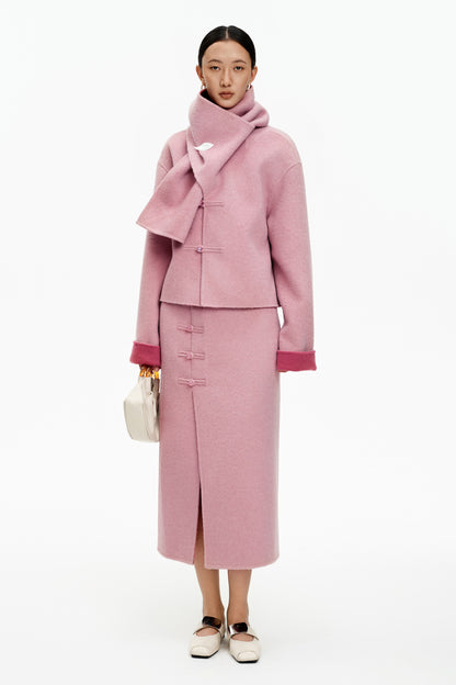 SELFWHO New Chinese Style Pink Scarf Collar Double-Faced Wool Coat
