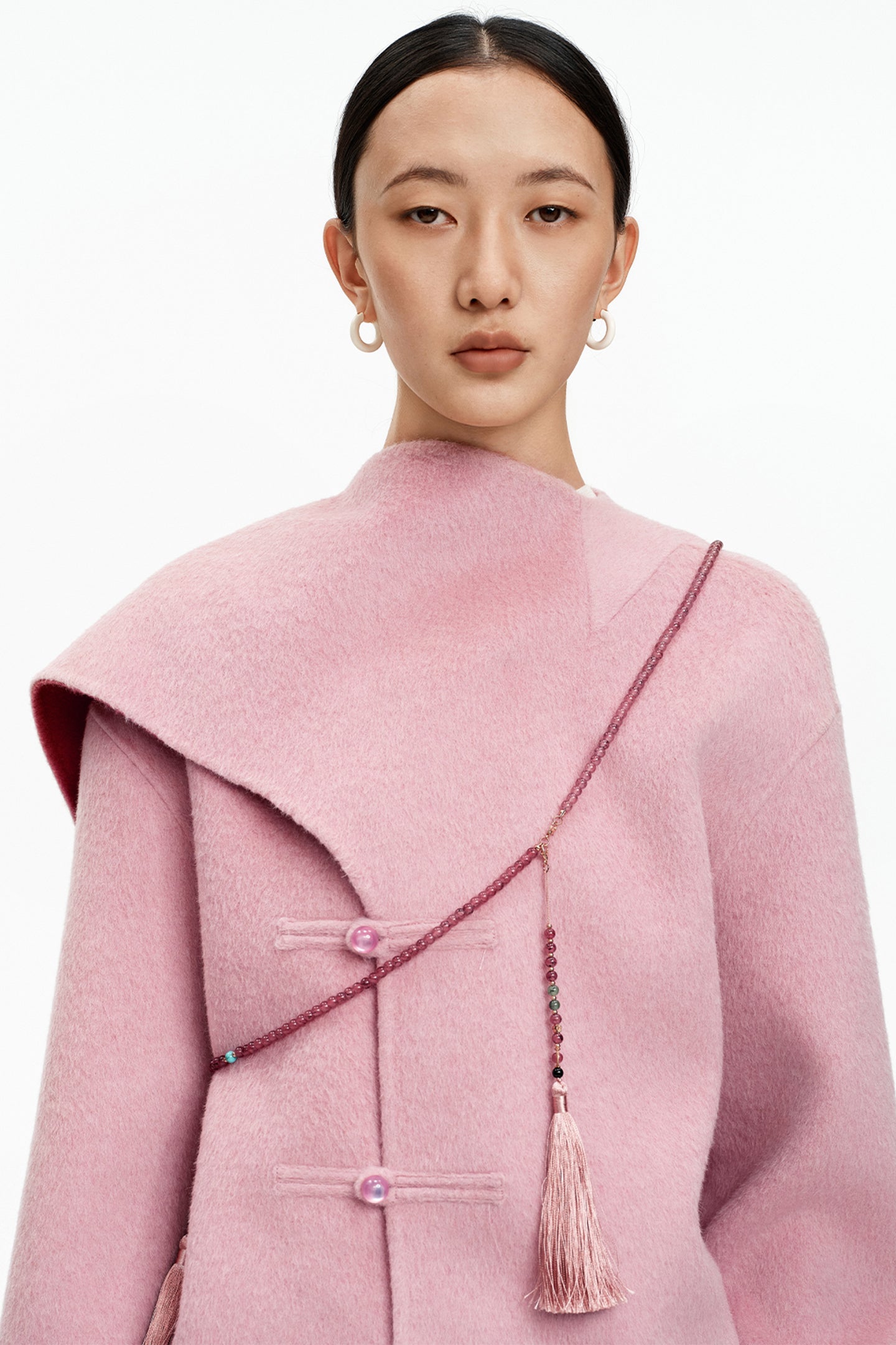 SELFWHO New Chinese Style Pink Scarf Collar Double-Faced Wool Coat