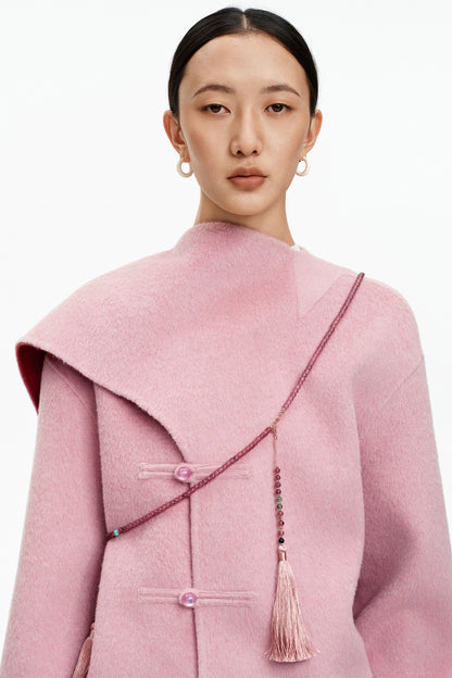 SELFWHO New Chinese Style Pink Scarf Collar Double-Faced Wool Coat