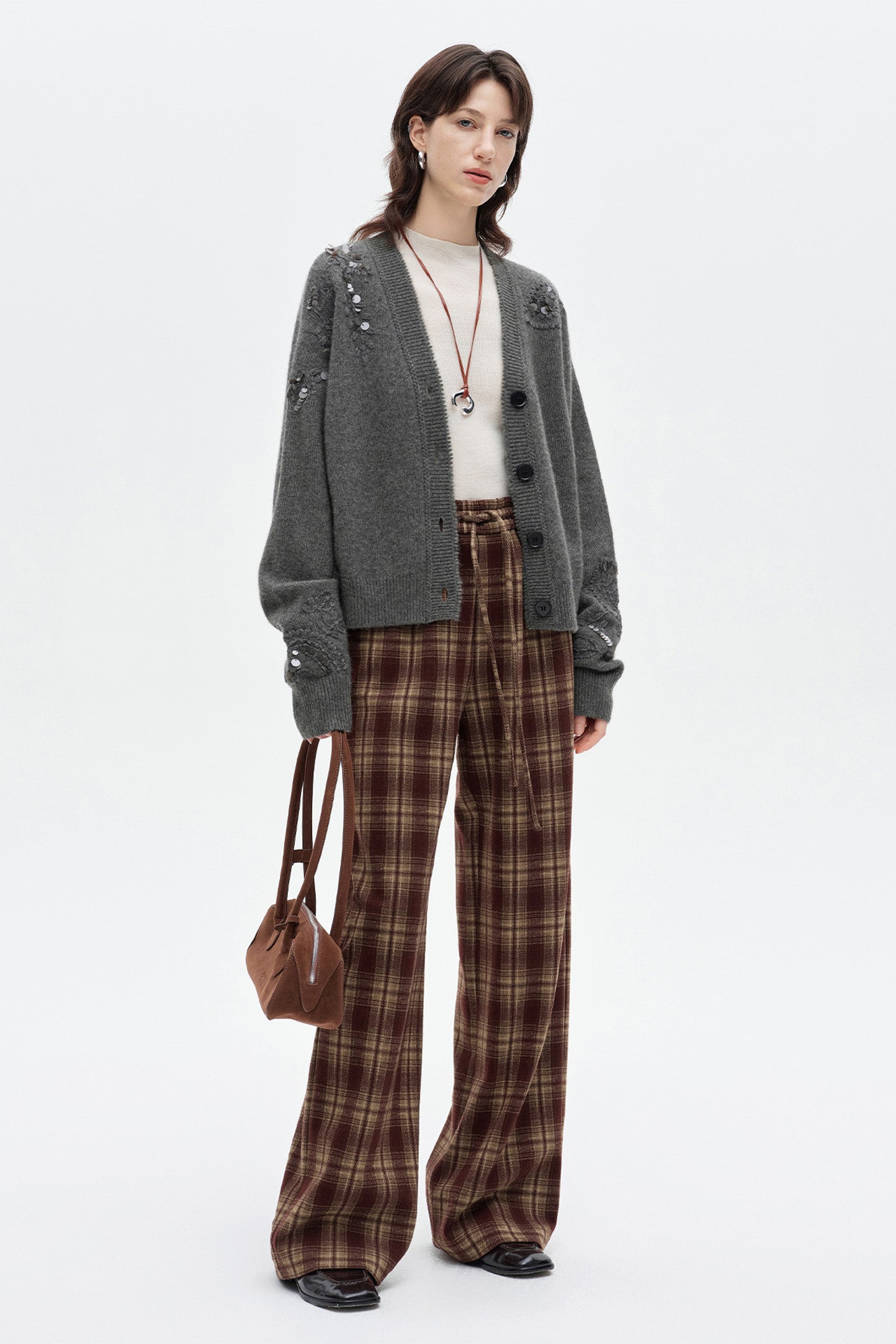 SELFWHO Retro Red and Brown Plaid Casual Pants