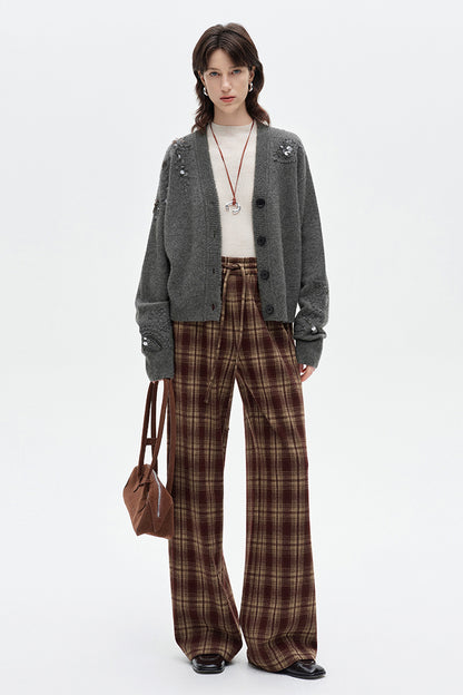 SELFWHO Retro Red and Brown Plaid Casual Pants
