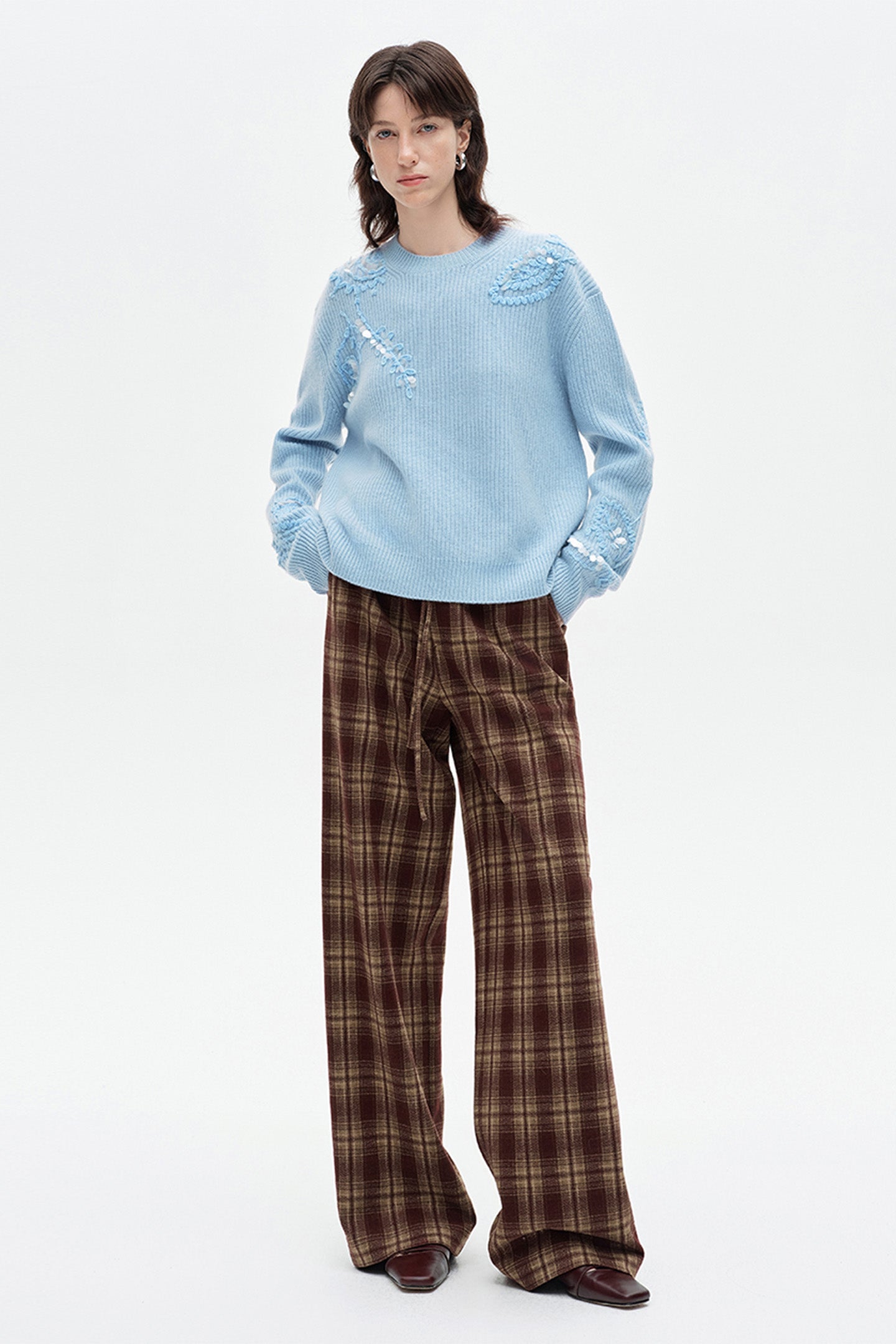 SELFWHO Retro Red and Brown Plaid Casual Pants